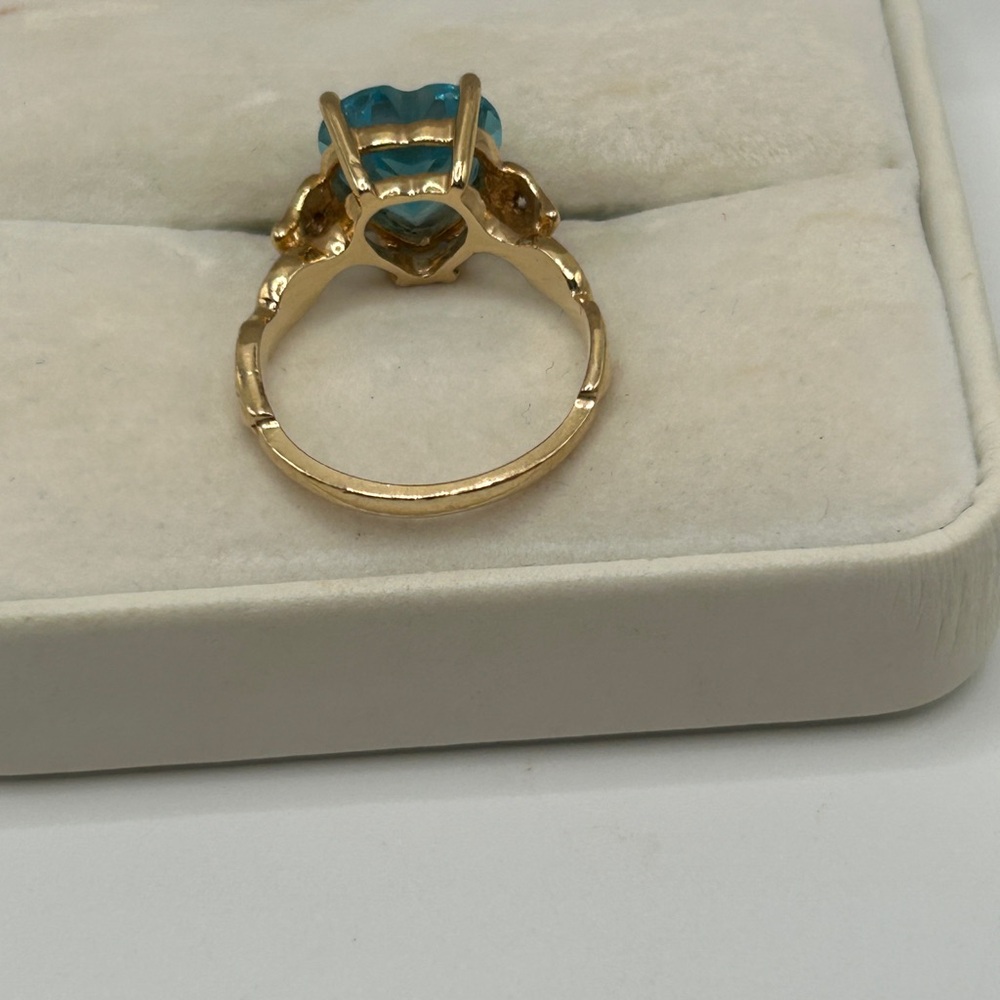 14k Solid Gold Ring Blue Heart 10mm Topaz and Diamond Gemstone - Picture 13 of 13